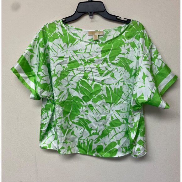 Michael Kors Women's Palm Print Satin Twill Short Sleeve Blouse Size PM NWT - Picture 1 of 6